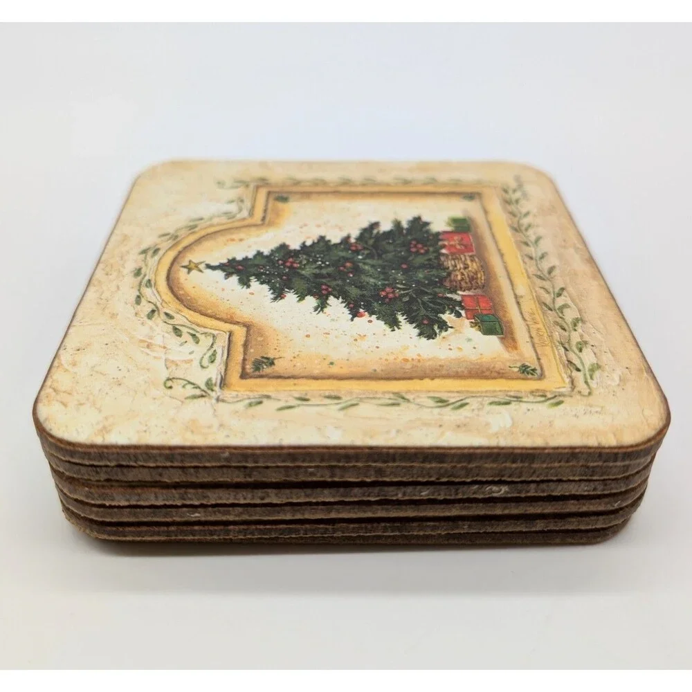 Set Of 6 Pimpernel Cork Coasters Christmas Tree Kathryn White Square